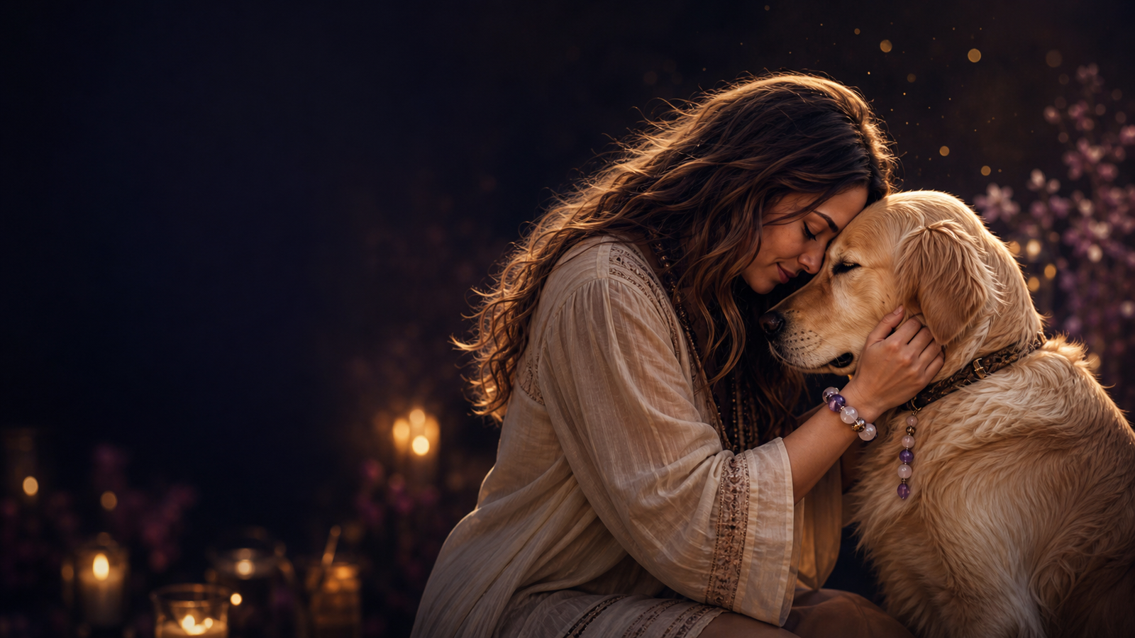 Human and pet soul bond ritual scene