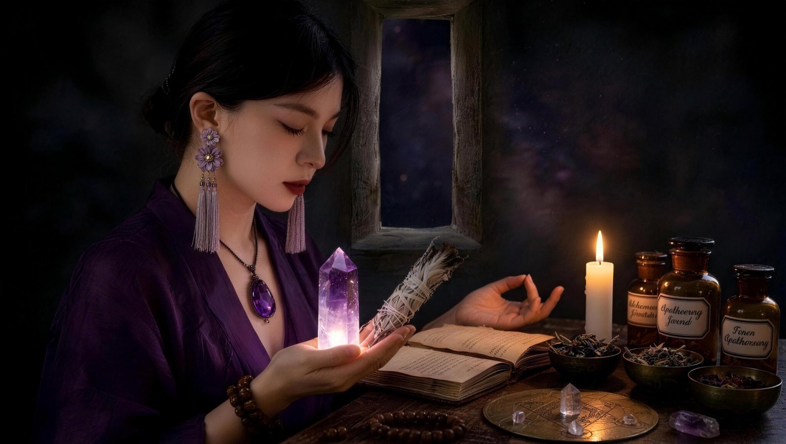 Founder ritual desk with herbs and crystal light