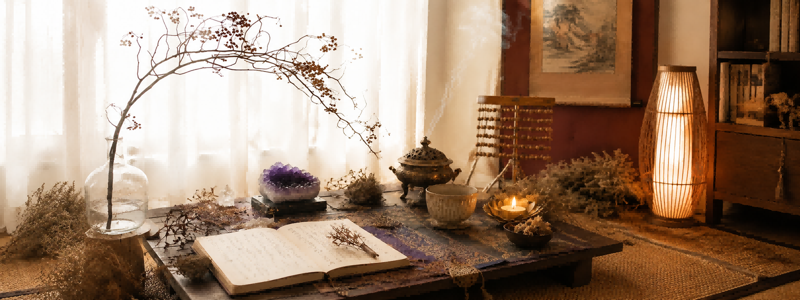 Ritual journal desk with herbs, crystal, candle, and bracelet materials