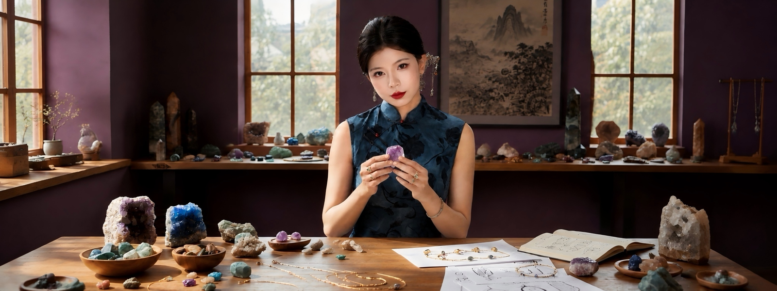 Jasmine Lin holding crystal and herbs by candlelight